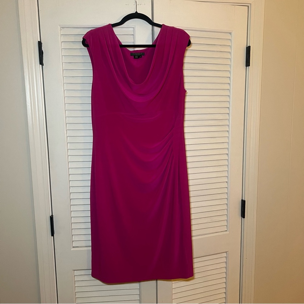 Lauren Ralph Lauren Woman Fuchsia Ruched Sheath Dress Size 16 Stretch Lined FLAW